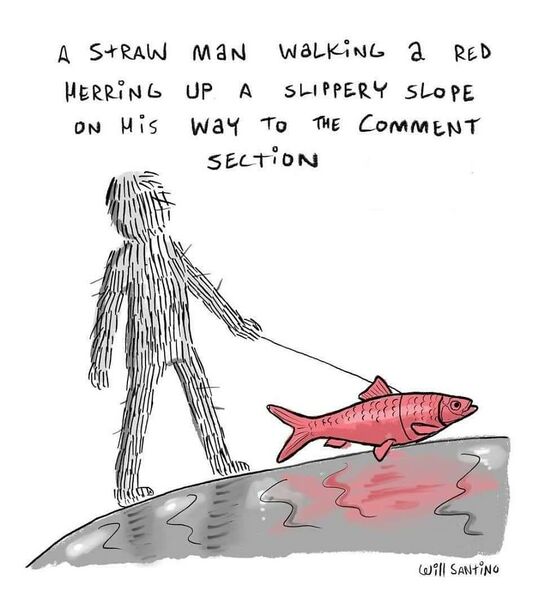 File:A straw man walking a red herring up a slippery slope on his way to the comment section - Featuring astroturfing - Imgur.jpg